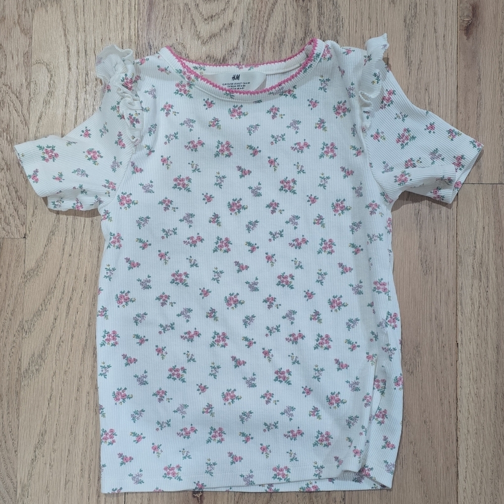 H&M Girls Floral Ruffle Short Sleeve Pullover T-Shirt Top Crew Neck 6X/7